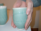 White Stoneware Drinking Vessels with Translucent Green Glaze, Thrown and Fluted