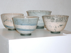 Raku Fired Bowls, Grogged White Earthenware Clay Thrown with Cobalt Marbling, and Raku Crackle Glaze