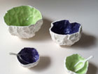 Bone china crumple forms, underglaze colour with transparent glaze, large h8cm, medium h6cm, small h3cm